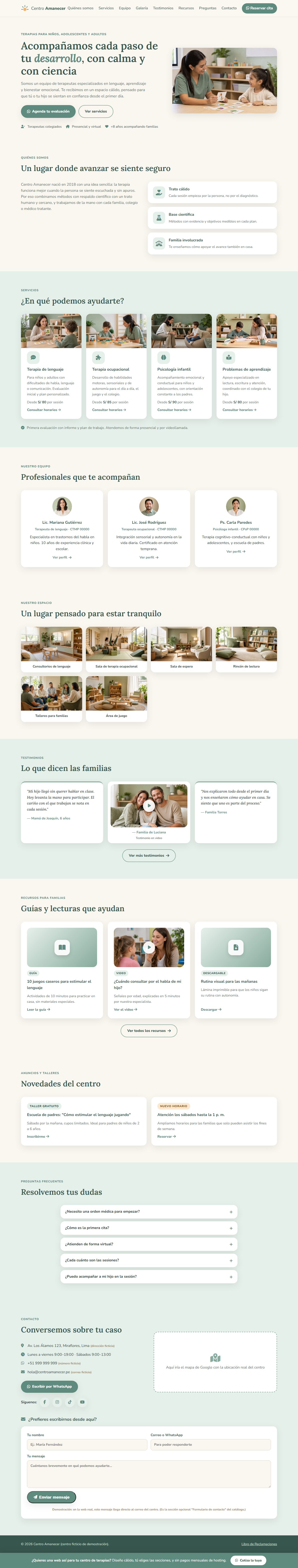 Ejemplo de una web para un centro de terapia, mostrando toda su página de inicio